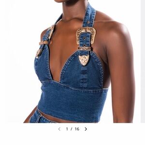 AKIRA Blue Denim Halter Top with Gold Buckles